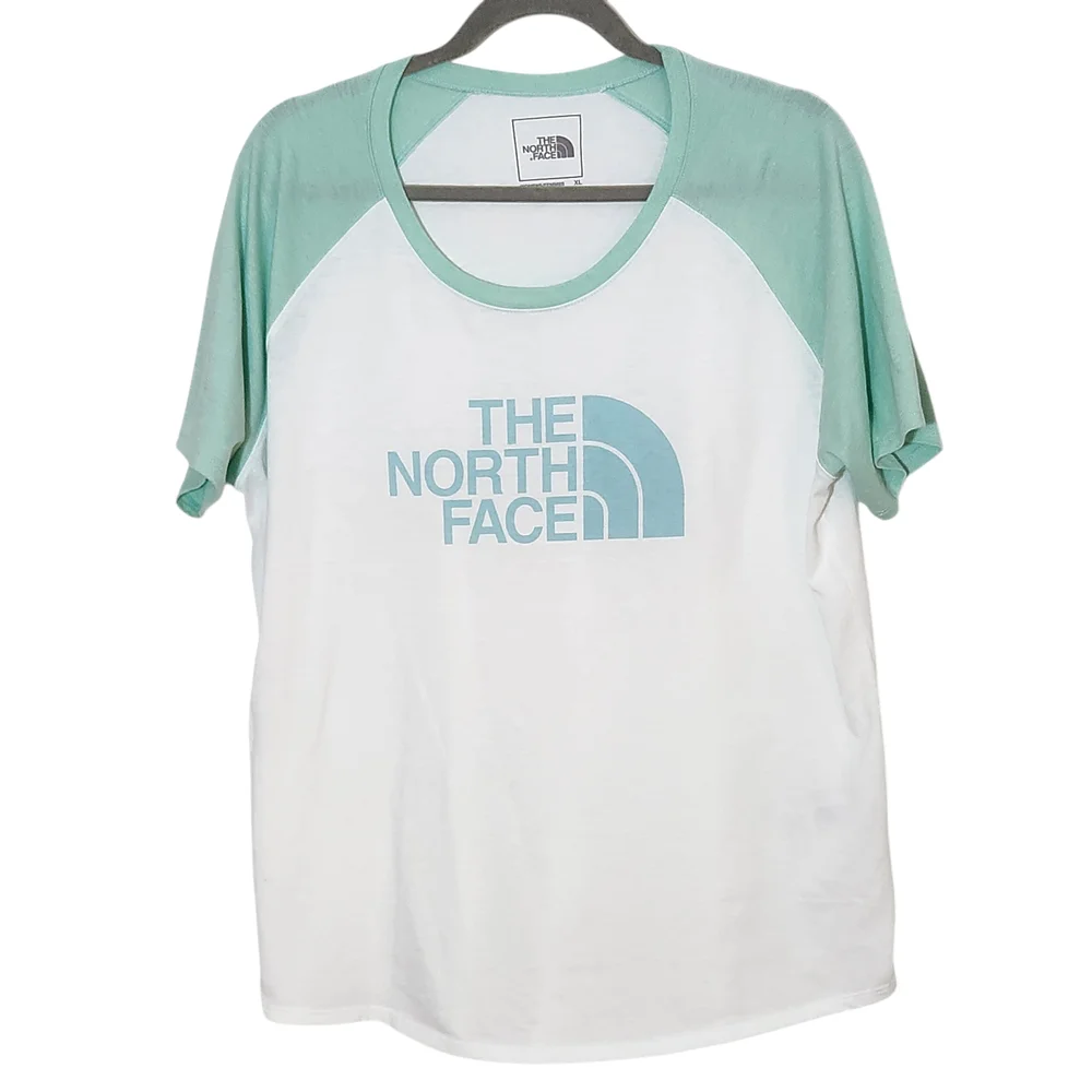 The North Face White Tee with Green Raglan Sleeves and Logo Size XL - Picture 1 of 7